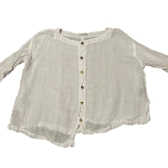 Banana Blue linen white asymmetrical top small Lagenlook oversized artsy boho - Picture 7 of 9